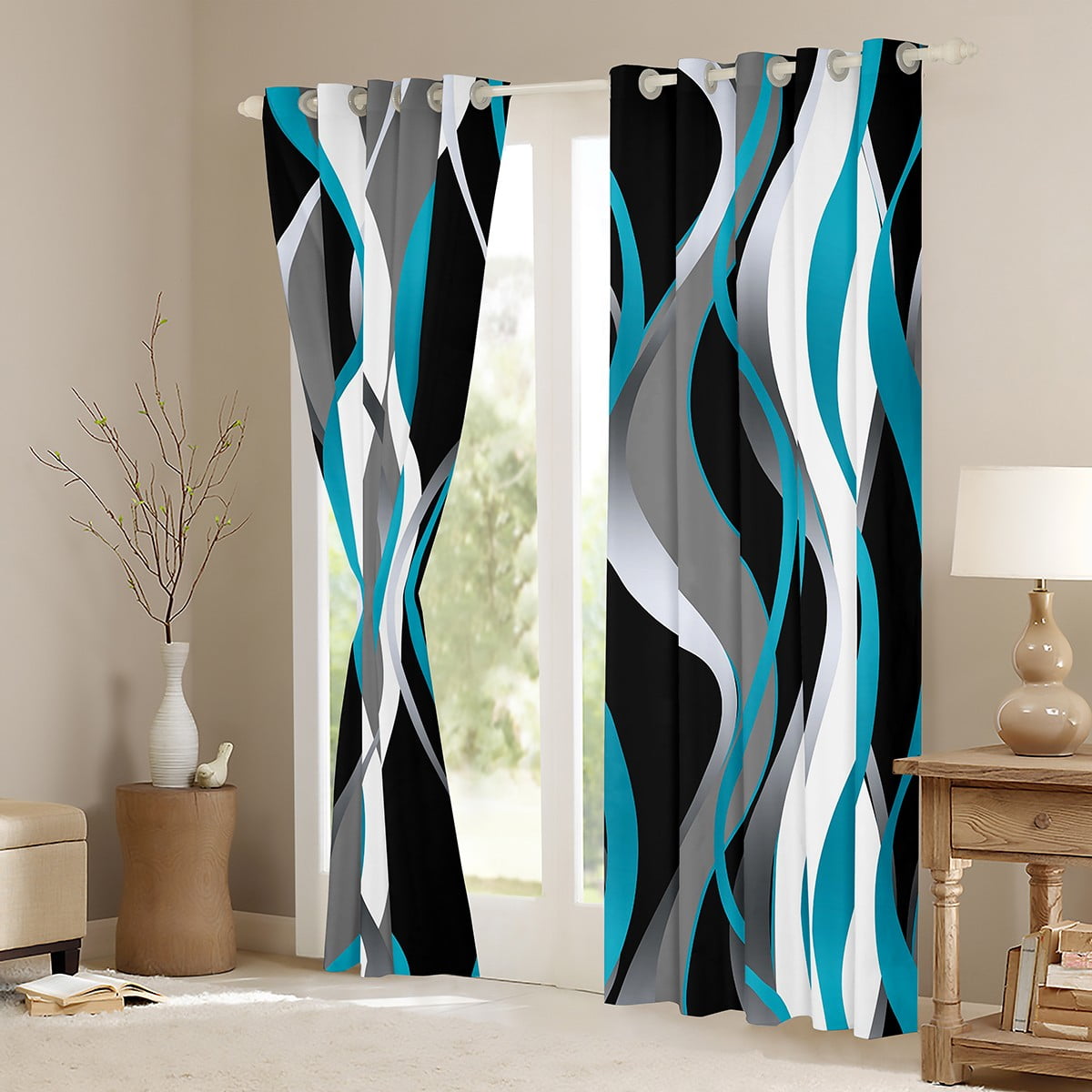 Manfei Minimalist Abstract Black Out Curtains, Aesthetic Striped Curtains Pack of 2 (42x63 Each), Gray White Black Teal Bedroom Curtains, Microfiber Bedroom Decor