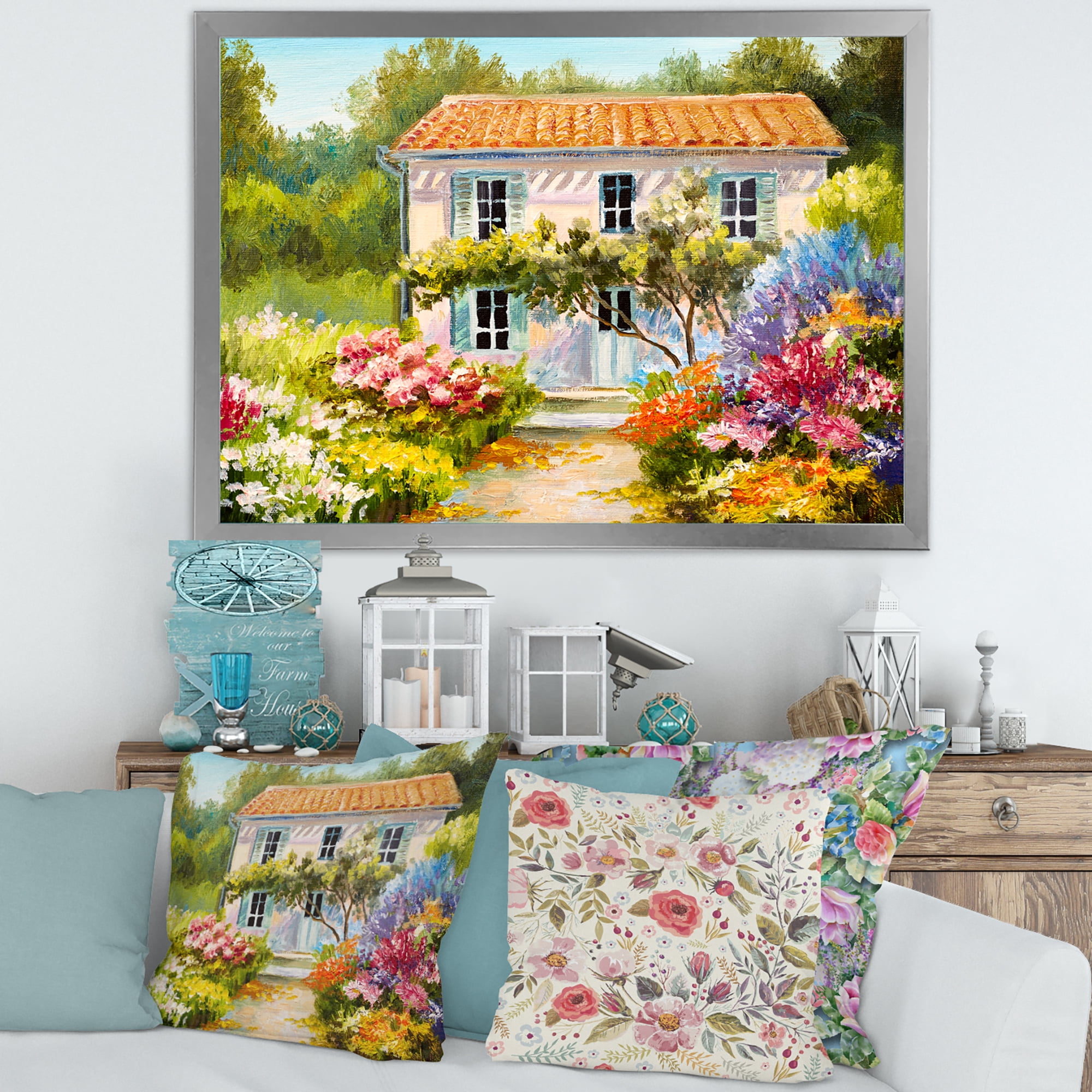 Designart 'The Mountain With Flowers With Little House II' Traditional Framed Art Print
