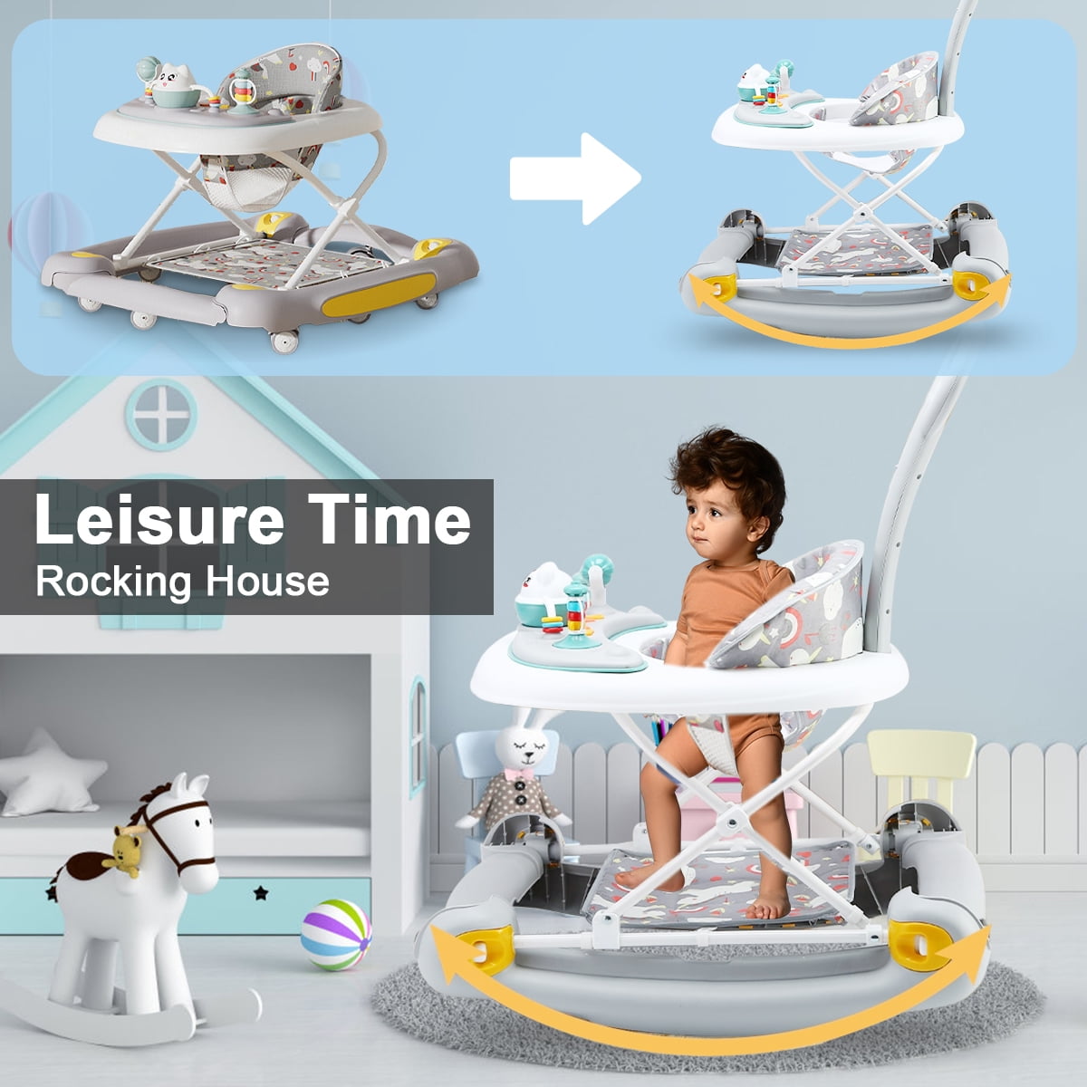 HAOUUCYIN Baby Walker, 6-in-1 Multi-functional Foldable Push Walker, 6-24 Months, Gray