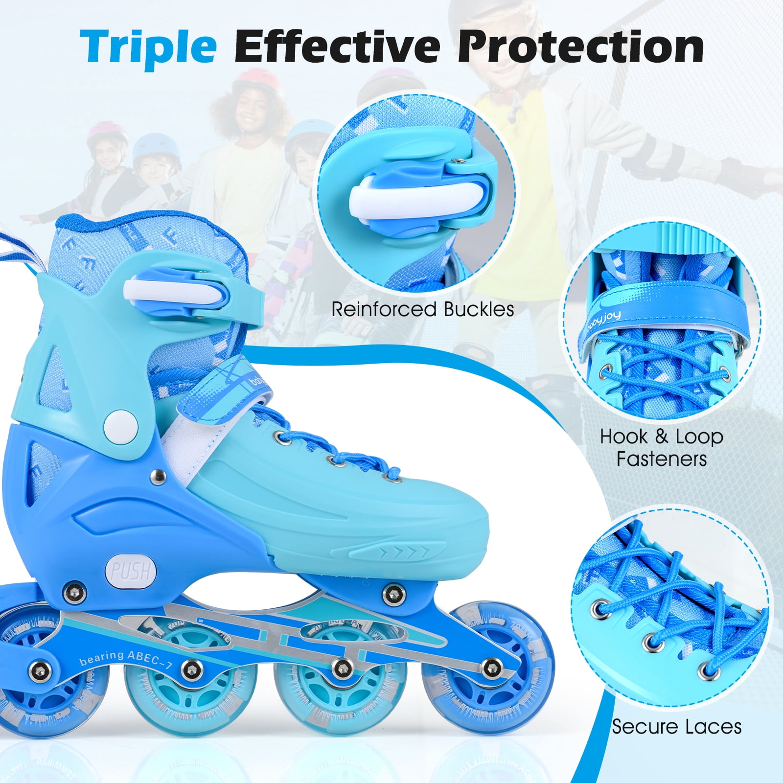 Babyjoy Kids Inline Skates, Adjustable Light-Up Roller Skates with Illuminating Wheels Blue