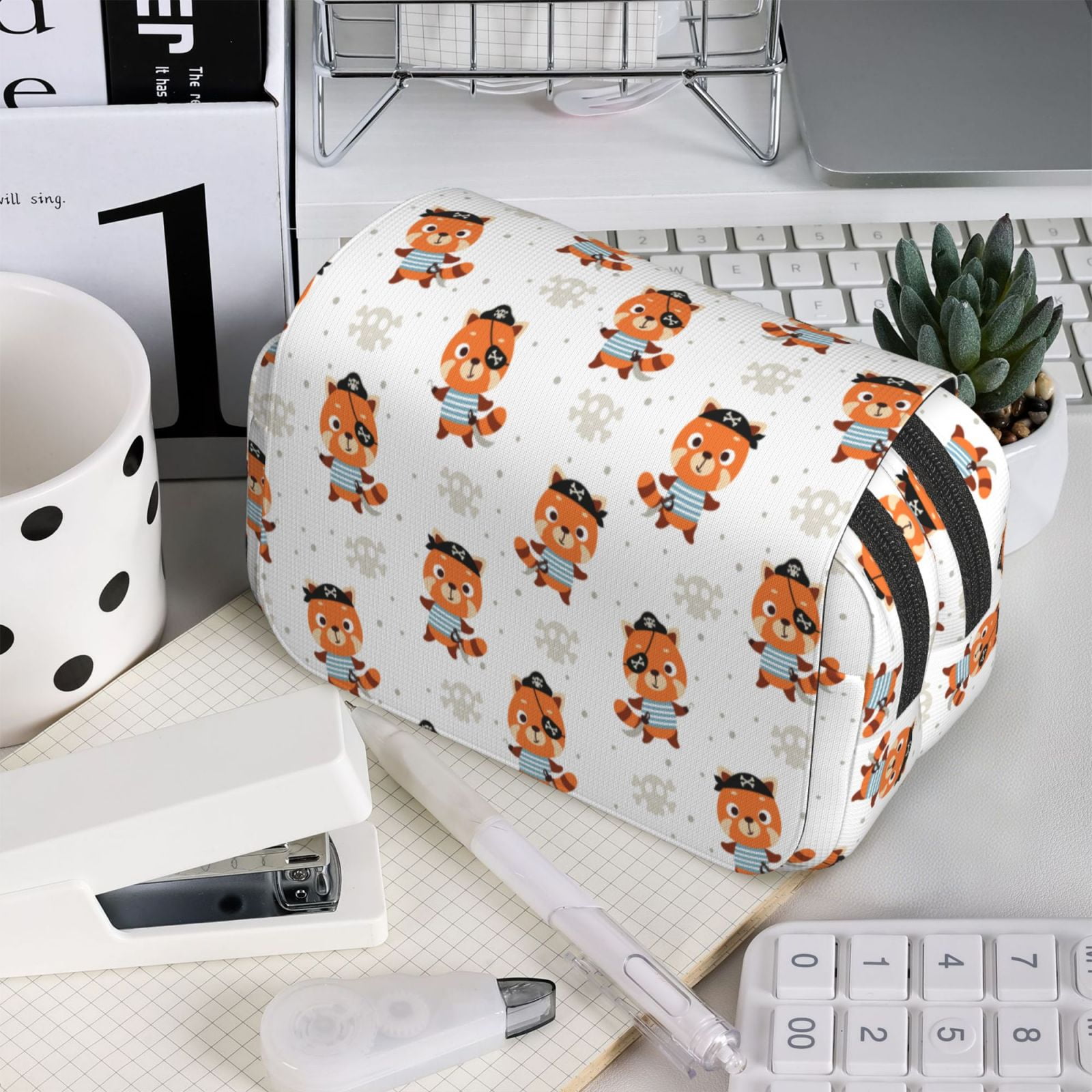 Rateoe Cute Little Pirate Red Panda Pattern Double Clamshell Pen Case, Storage Organizer with Two Zipper Compartments– Holds Up to 50 Pencils & Pens