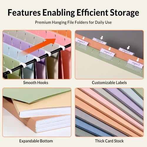 Hanging File Folders, 50 Pack Letter Size Hanging File Folders with 1/5-cut Tabs, Stay Organized for Your Home and Office Bulk File, Documents and Paper, 10 Pastel Colors