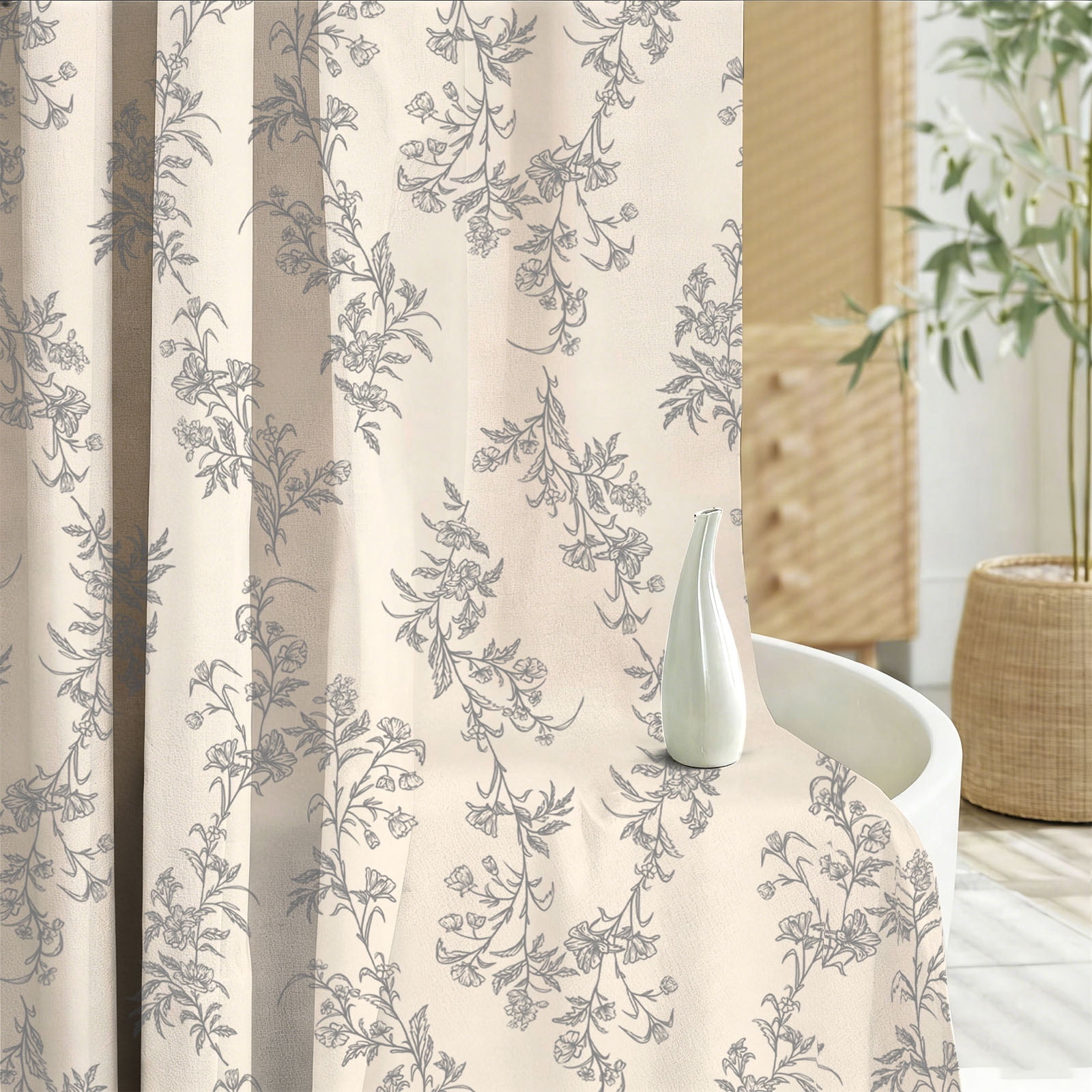 Sanmadrola Gray Shower Curtain Floral Plant Shower Curtain Set with Tassels, Heavy Duty Faux Cotton Linen Cottagecore Boho Vintage Rustic Shower Curtains with Hooks for Bathroom Decor, 72x72 in