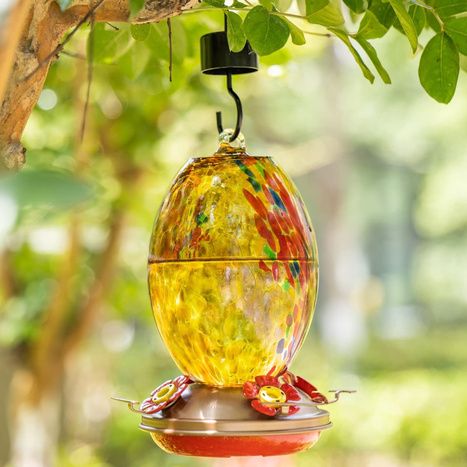 Amber Fireworks Blown Glass Hummingbird Feeder For Outdoors