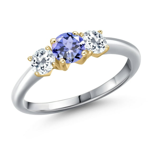 Gem Stone King 10K Two Tone Gold Blue Tanzanite and White Topaz Engagement Ring for Women | 1.12 Cttw | Round 5MM | Gemstone December Birthstone | Size 9