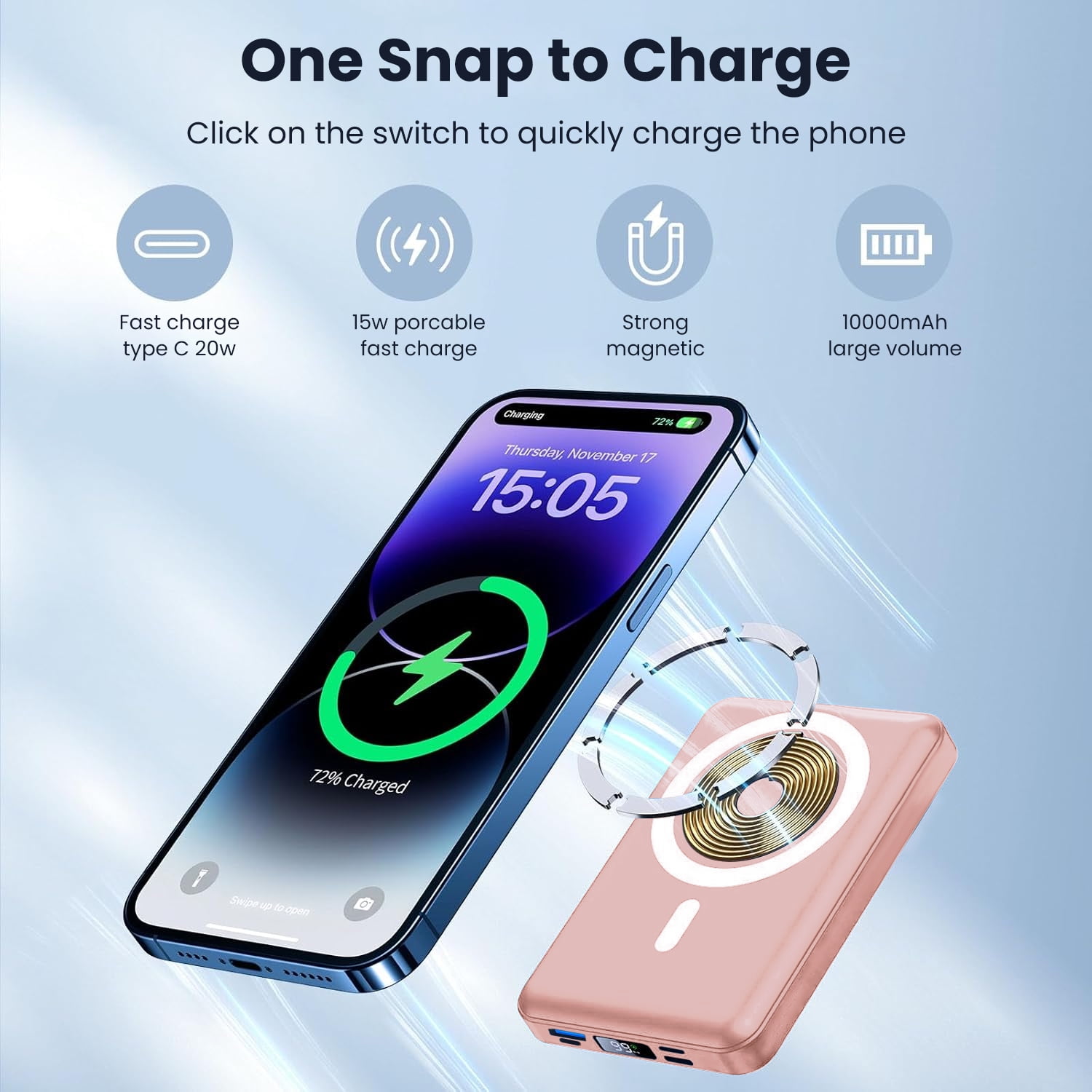 GASYESOY Portable Charger,10000mAh 20W Power Bank,Built-in Cables Fast Charging,with LED Display for iPhone 16/15/14/13/12 and Android,Pink