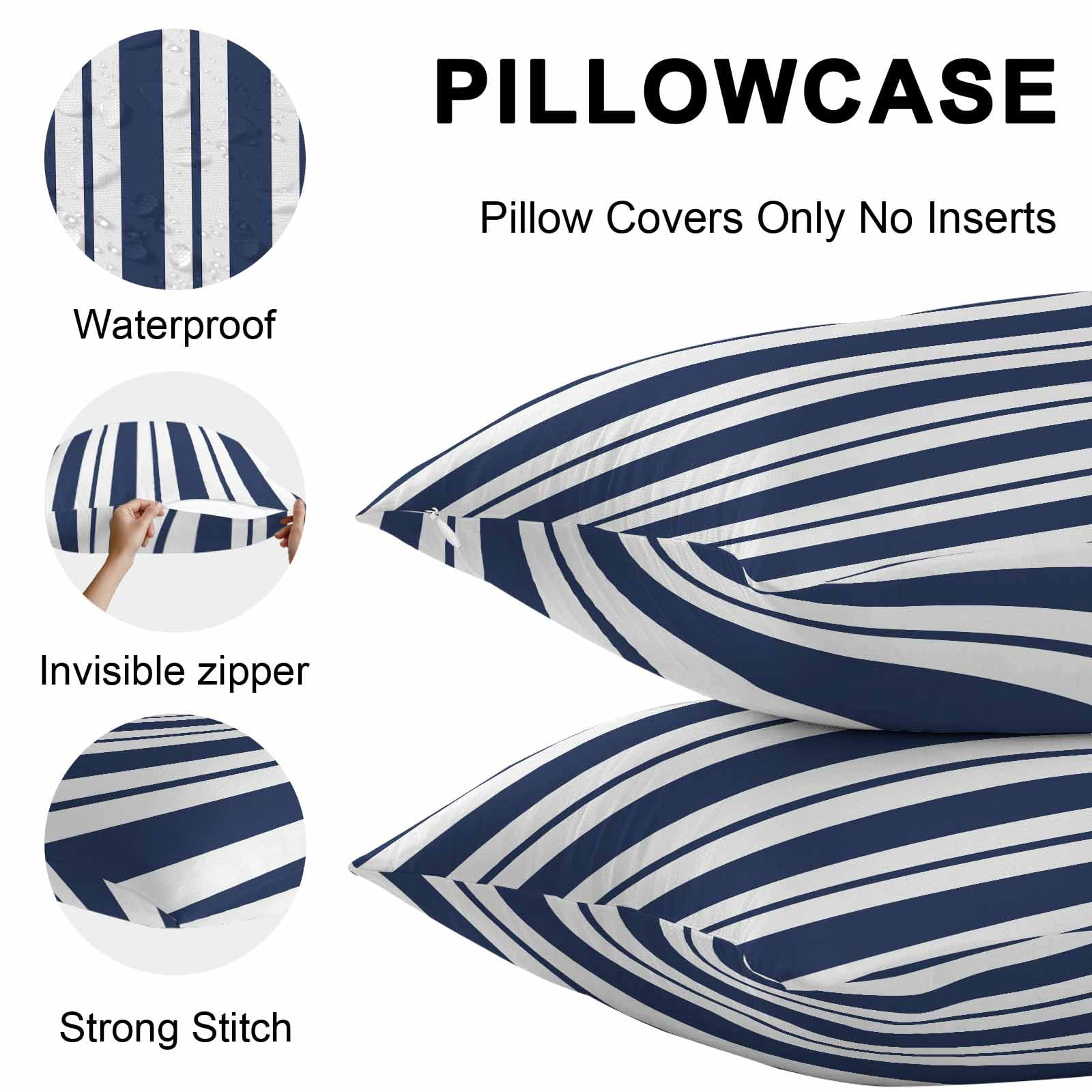 Waterproof Throw Pillow Covers 16x16 Set of 2, Navy Blue Stripes Summer Nautical Outdoor Pillowcases with Invisible Zipper, Modern Minimalist Art Decorative Cushion Covers for Patio Garden Sofa Couch