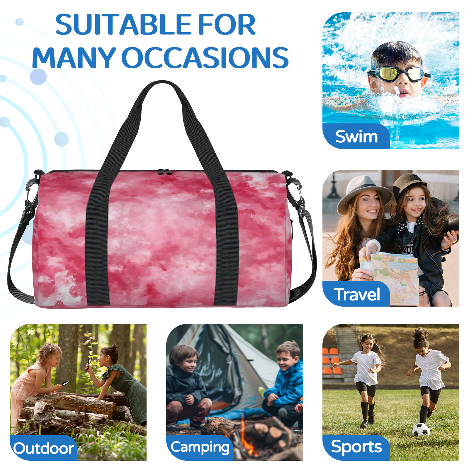 Herdesigns Tie Dye Gym Bag for Women, Duffle Bag for Travel Sport, Pink Lightweight Waterproof Carry on Weekender Dance Yoga Workout Bags
