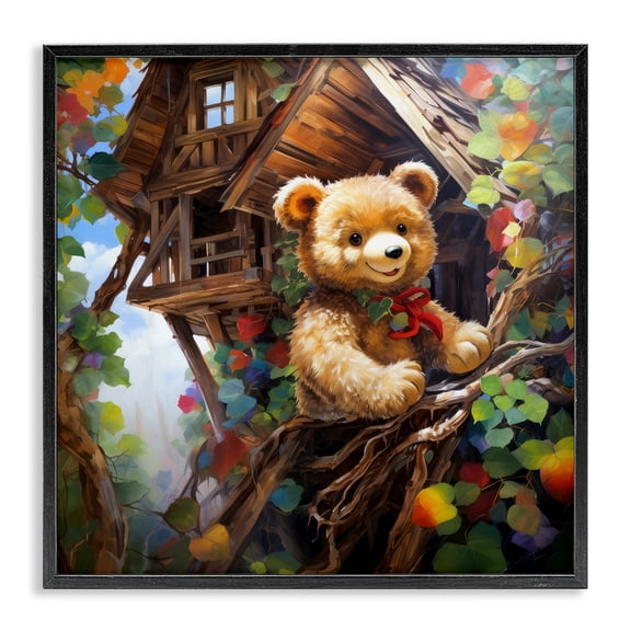 Stupell Industries Cottage Happy Bear in Tree House Black Framed Giclee Art, 12 x 12, by Ray Powers