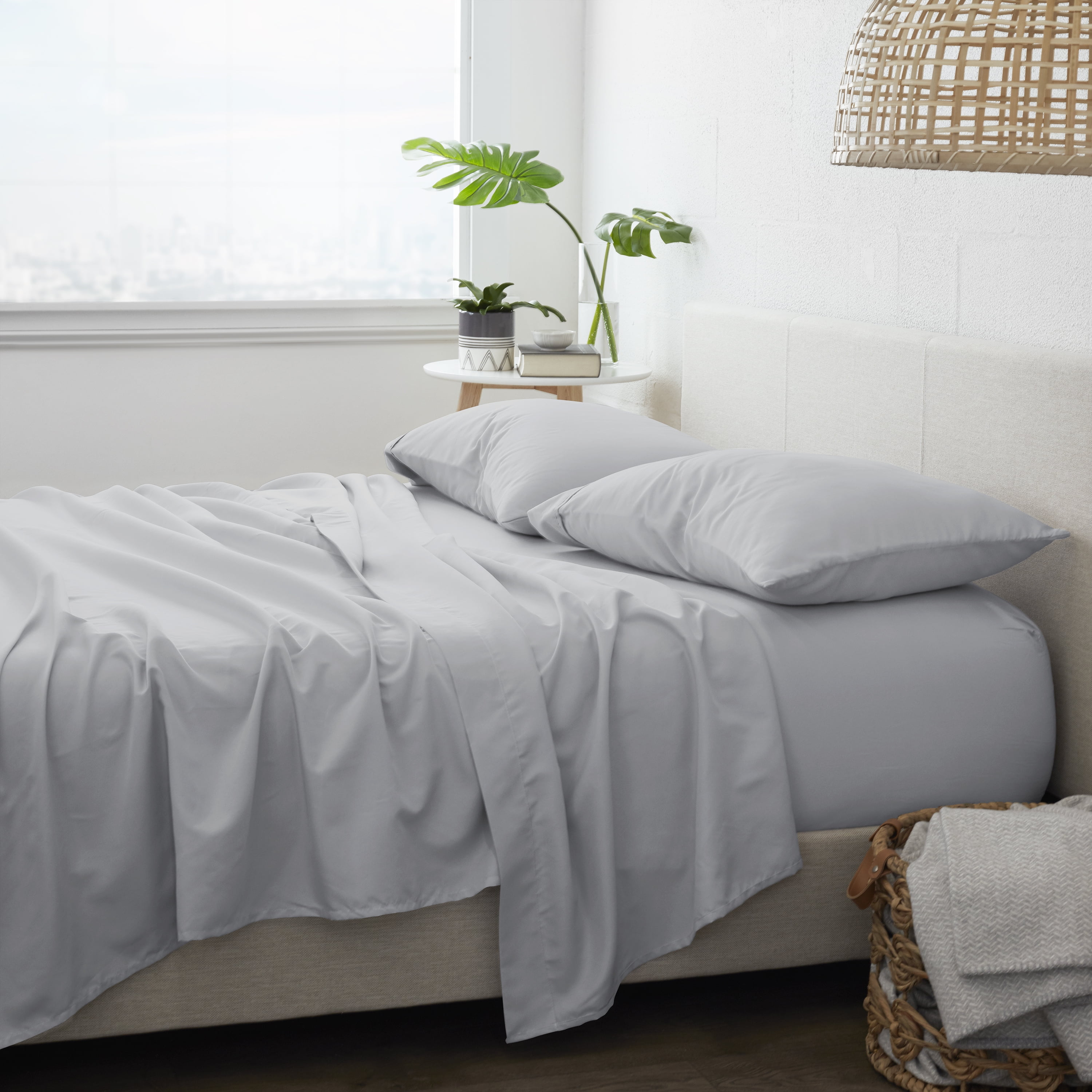Noble Linens 4 Piece Solid Microfiber Bed Sheet Set, Light Gray, King