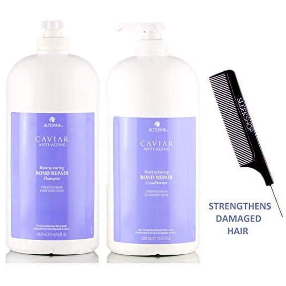 Alterna Caviar RESTRUCTURING BOND REPAIR Shampoo & Conditioner DUO w/ SLEEK COMB - 67.6 oz / HALF GALLON with pumps