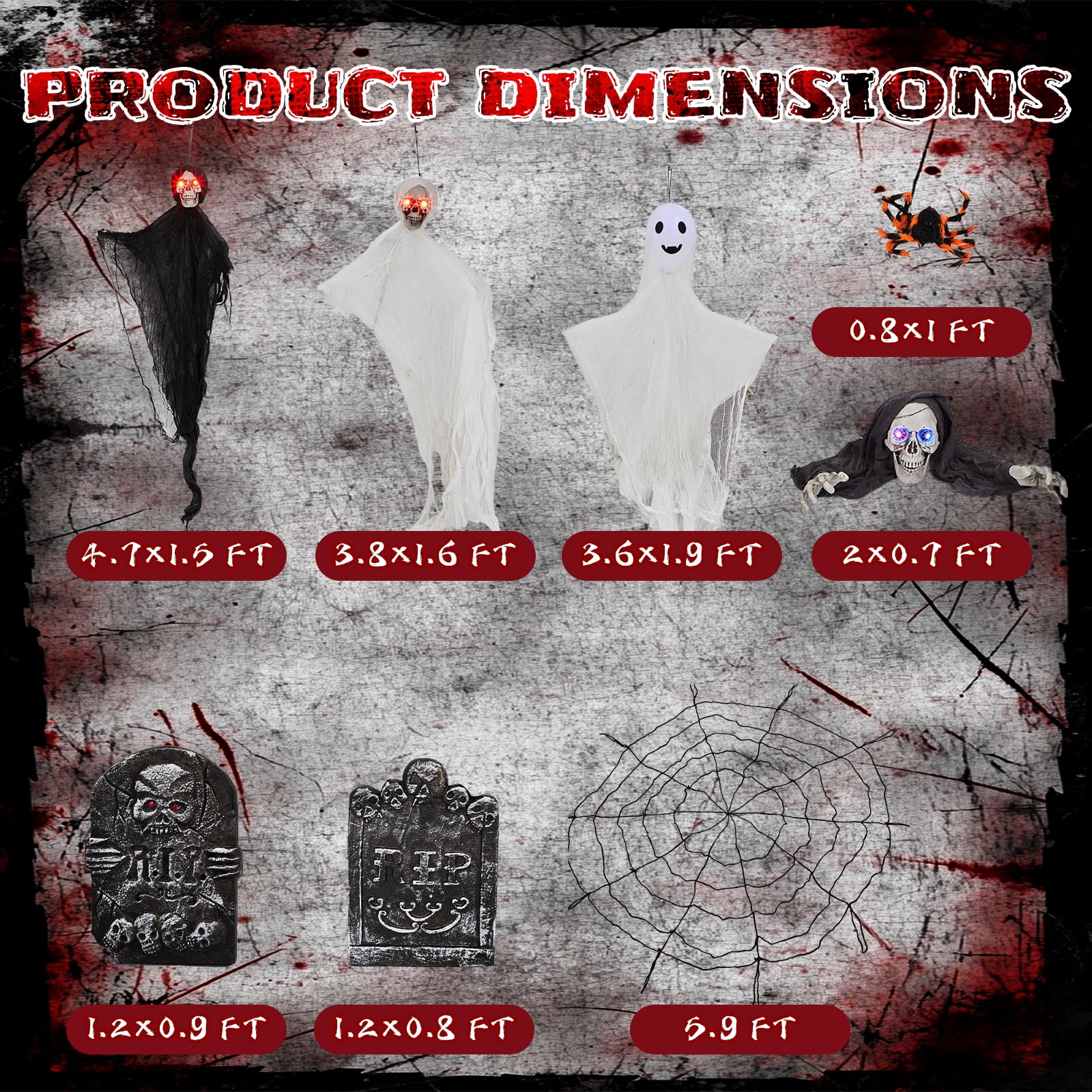 Astoutdoor 8-Piece Outdoor Halloween Decoration Set with Hanging Ghosts, Gravestones, Skeleton, and 5.9 ft Cobweb