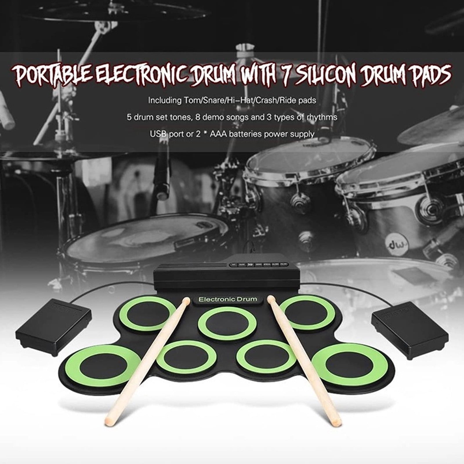 Electronic Drum Pad, 7 Pad Rolls up Practice Drum Set Built-in Speakers and Headphone Socket, Drum Sticks and Drum Pedal