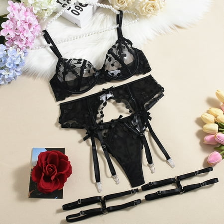 Generic Hot Sale Flower Embroidery Bra Complex Sexy Seduction Erotic Lingerie 4-Piece Set