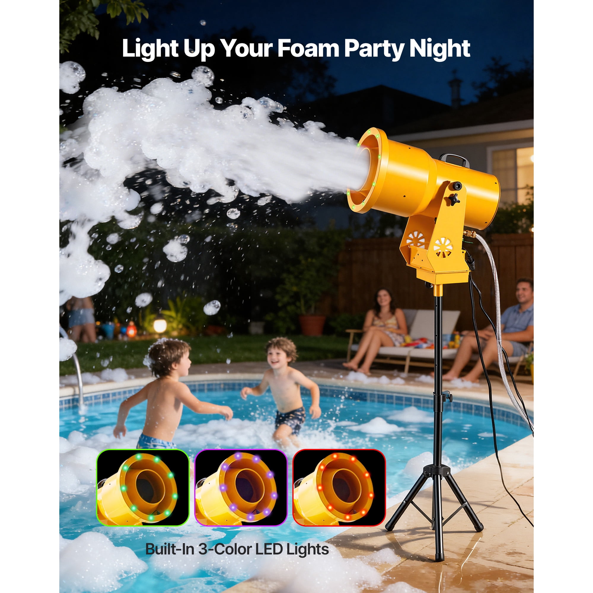 KFFKFF Foam Machine with Automatic Oscillation, Bubble Maker with Fan, LED Lights, and Stable Triangular Design for Events, Outdoor Fun, and Celebrations