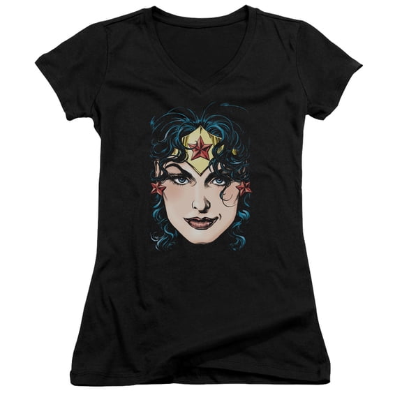 Dco JLA Justice League Wonder Woman Head Junior Women's T-Shirt V-Neck Black