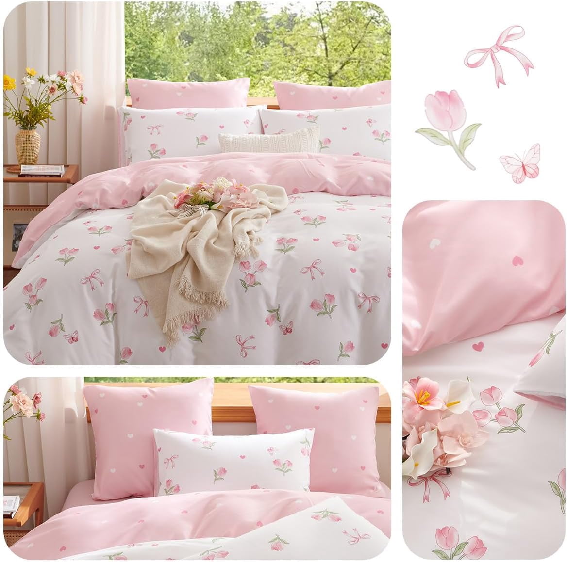 JOLUSERE Pink Tulip Twin Comforter Set, 2-Piece Pink Flowers Reversible Soft Bedding Set or Adults All Season