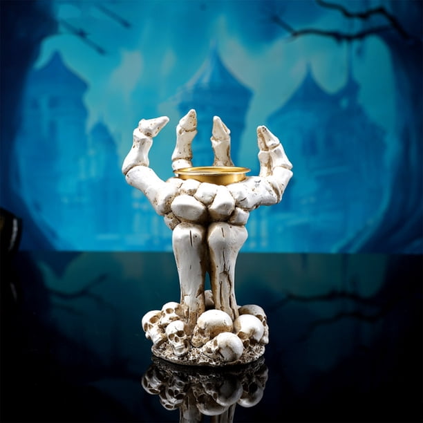 Fiudx Artículos en oferta con ofertas flash Decoraciones de Halloween Candelabros de palma de esqueleto Decoraciones de mesa de terror Accesorios Adornos de resina Soporte para velas