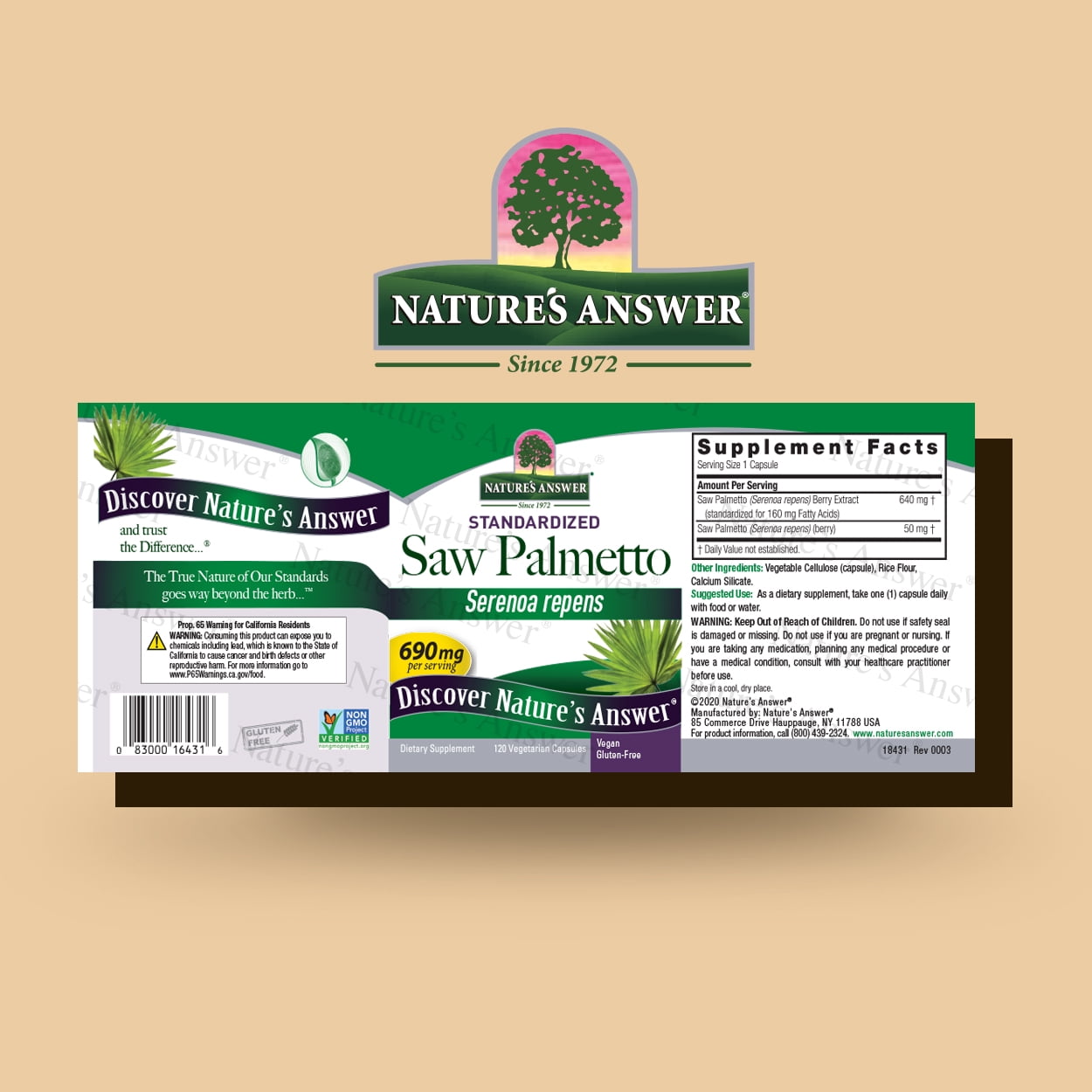 Nature’s Answer Saw Palmetto Vegetarian Capsules 690 mg, Prostate, Urinary, and Wellness Support, Gluten-Free, 120 Count