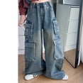 thumbnail image 6 of CPNG Teen Girls Solid Color Baggy Leg Wide Leg Cargo Denim Pants Trendy Loose Casual Denim High Waist Cargo Jeans(Light Blue,15-16 Years), 6 of 7