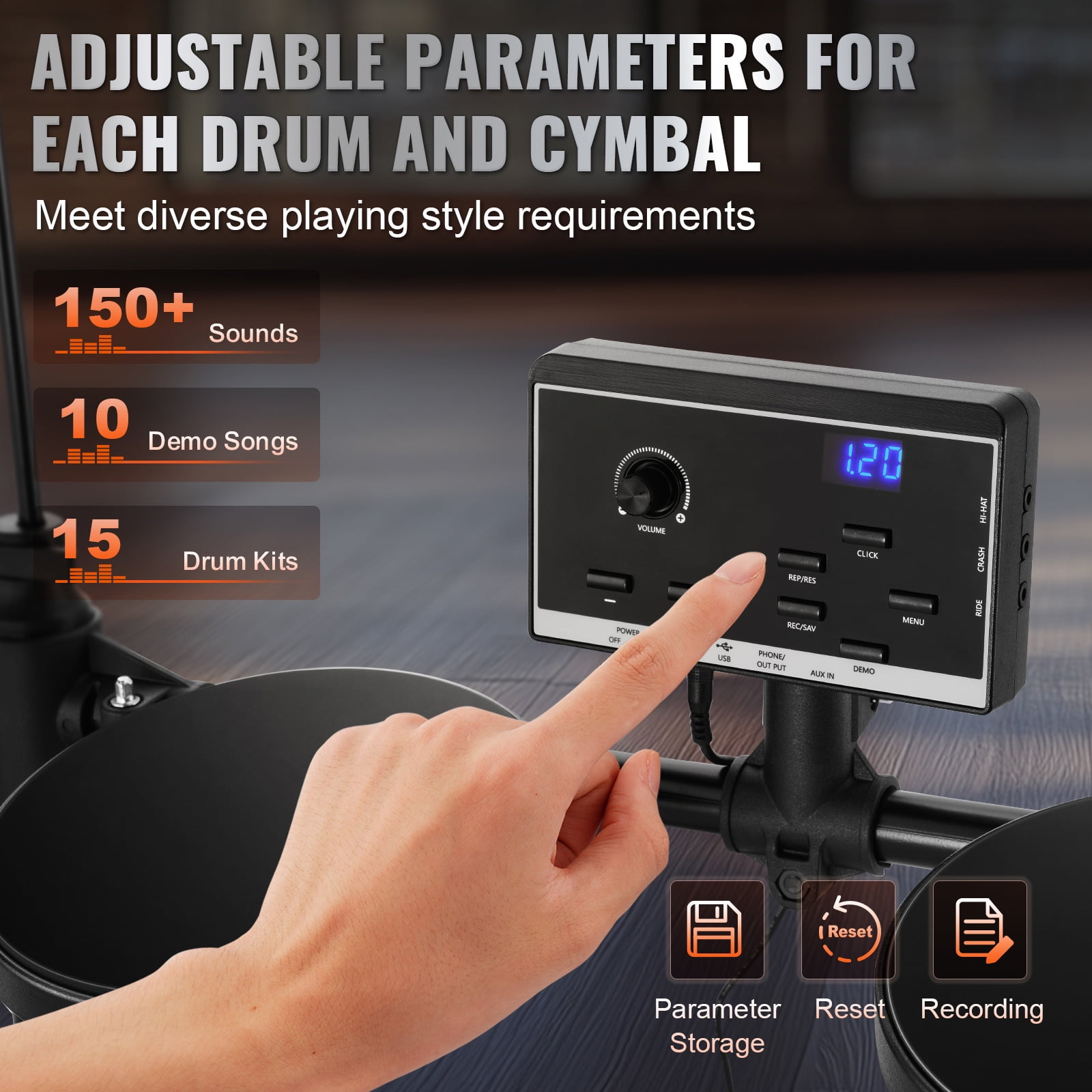 KFFKFF Electronic Drum Set, Comprises 15 Drum Sets & 150 Unique Sounds, 6.5 in Silent Mesh Snare, Supported by USB MIDI, Comes with 10 in Cymbals, Drum Sticks & Headphones
