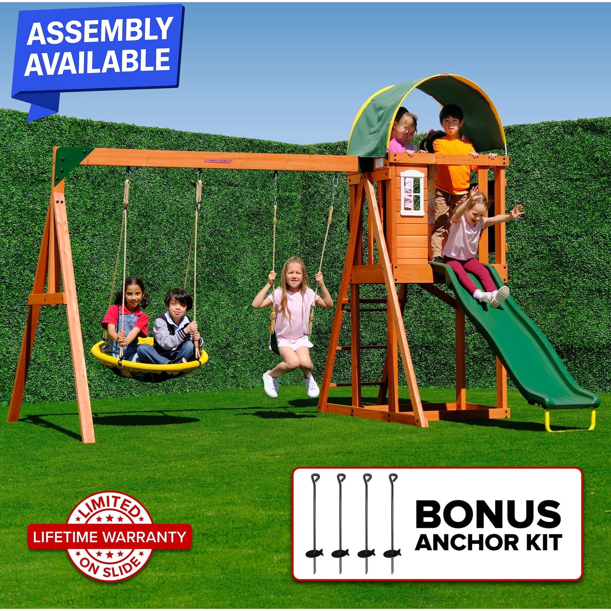 Sportspower Amelia Wooden Swing Set with 2-Person Saucer Swing, 6' Blow Molded Slide, Swing, Play Fort, Heavy Duty Double A-Frame, Lifetime Warranty on Slide