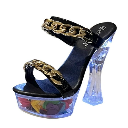 

Cathalem Luminous Metal Buckle High Heels Thick Heels Super High Heels Waterproof Platform Fashionable High Heels Black 37