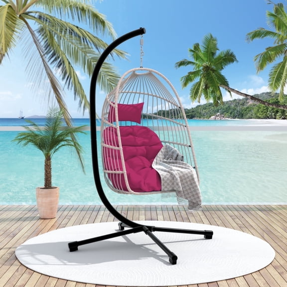 QZYeYun Outdoor Wicker Egg Hanging Chair with Stand, Indoor Patio Swing Hammock, Rose Red