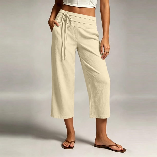 Neewe Pull On Capri Pants for Women Fashion Plain with Pockets Elastic Drawstring Waist Daily Outfits