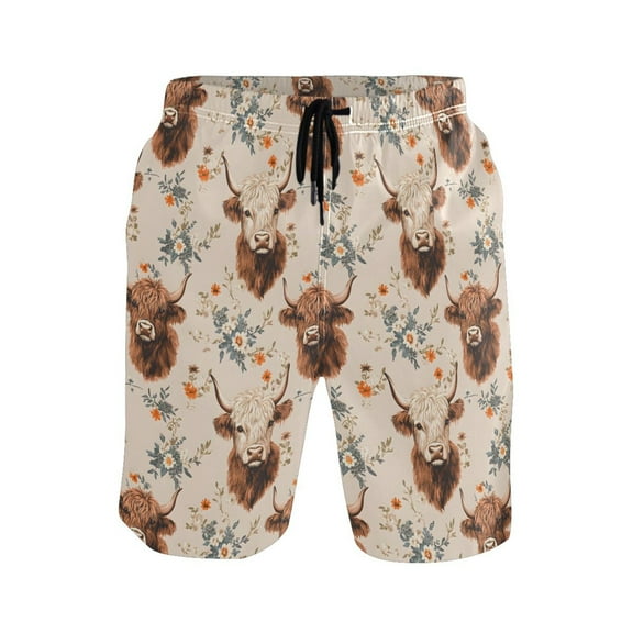 joogoo Men's Swim Trunks Highland Cattle Floral Beach Shorts with Pockets M