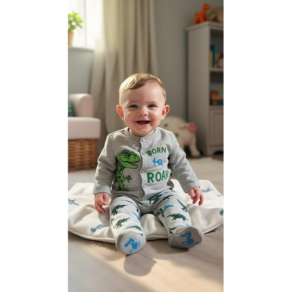 Happy Threads Jurassic World Infant Baby Boys 2-Piece Set - Long Sleeve Shirt and Footie Pajamas Grey/Green/Blue, 6-9 Months