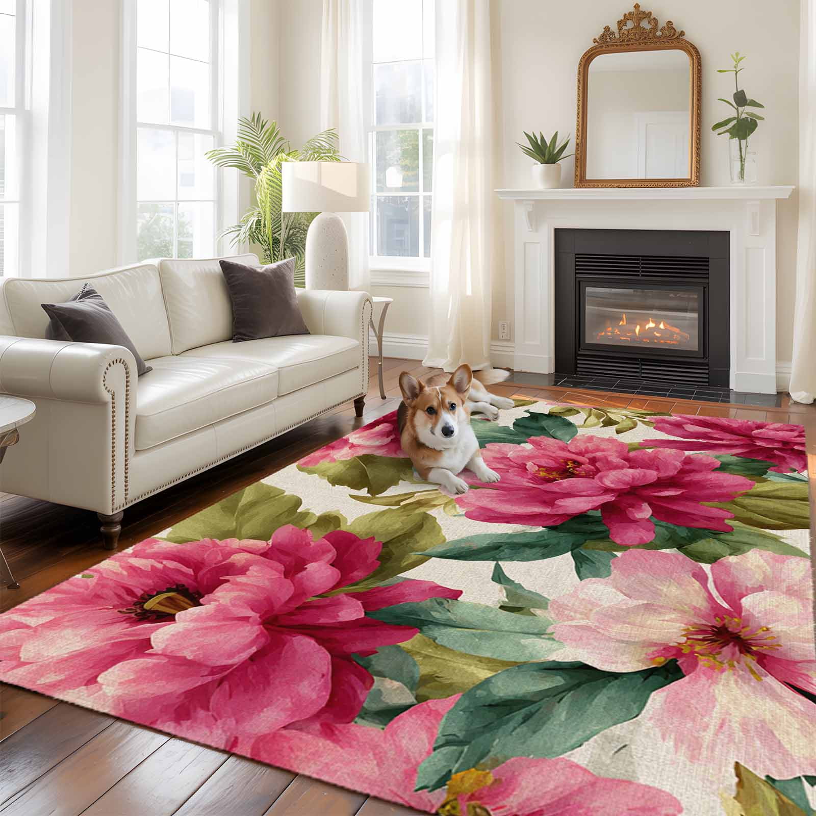 Pink Flowers Area Rugs 5'x7', Small Throw Rugs for Laundry Room Playroom, Spring Watercolor Floral Leaves Plants Beige Indoor Outdoor Rug Non-Slip Low Pile Carpet Runner Reversible Floor Mats