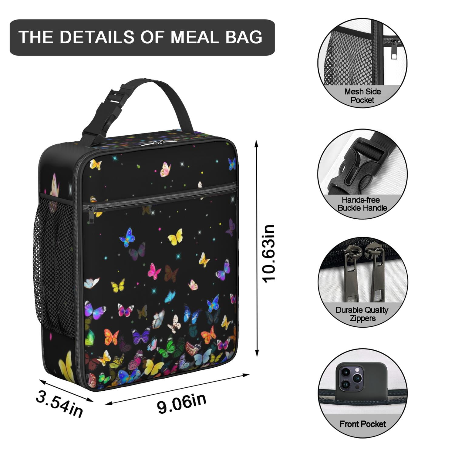 Artistic Butterfly Lunch Box Bag with Floral Pattern, Colorful Insulated Bento Tote for Women, Butterfly Lovers, School, Picnic, Work, Travel Use