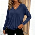 thumbnail image 6 of Qgtaibl V Neck Pullover Tops for Women Raglan Long Sleeve Solid Color Lounge Blouse Fall Loose Fit Stretchy Sweatshirts Navy XXL, 6 of 9