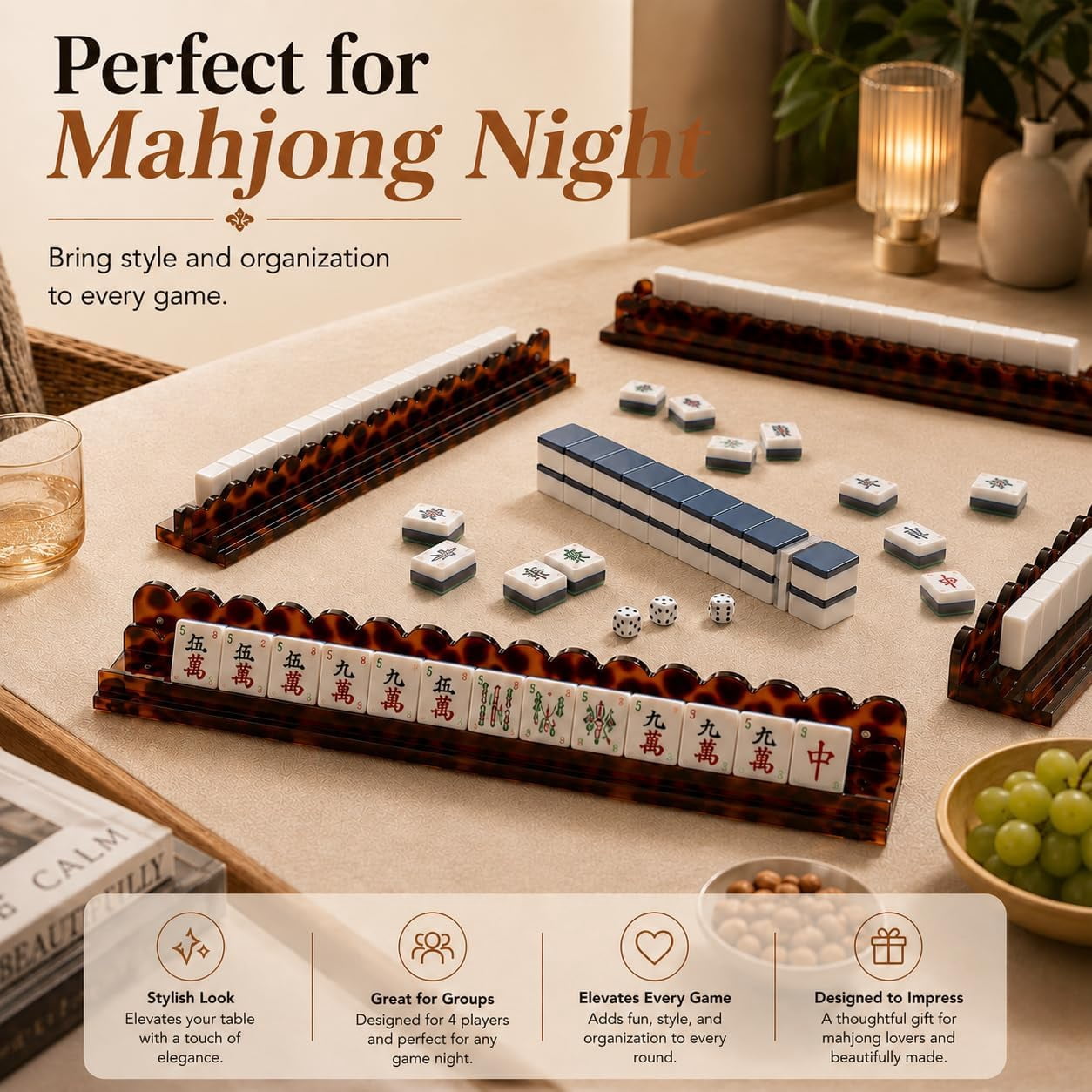 Scalloped Mahjong Racks with Magnetic Pushers, 17.5"/20" Tortoise Shell Acrylic Mahjong Racks 1PCS / Set of 4, Thickened Non-Slip Acrylic American Mahjong Tile Racks