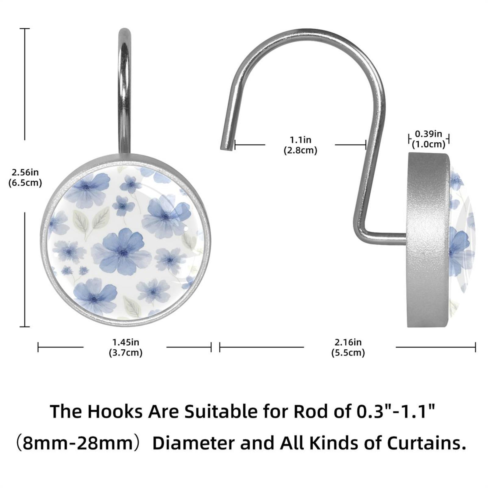 HemaKayy 12 Pcs Shower Curtain Hooks Bathroom Decorative Accessories Elegant Blue Flowers Transparent