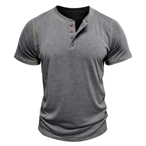 ZCFZJW Mens Workout Fitness T-Shirts Trendy Short Sleeve Button up V Neck Henley Shirts Loose Regular Fit Casual Solid Color Basic Pullover Tops Gray S