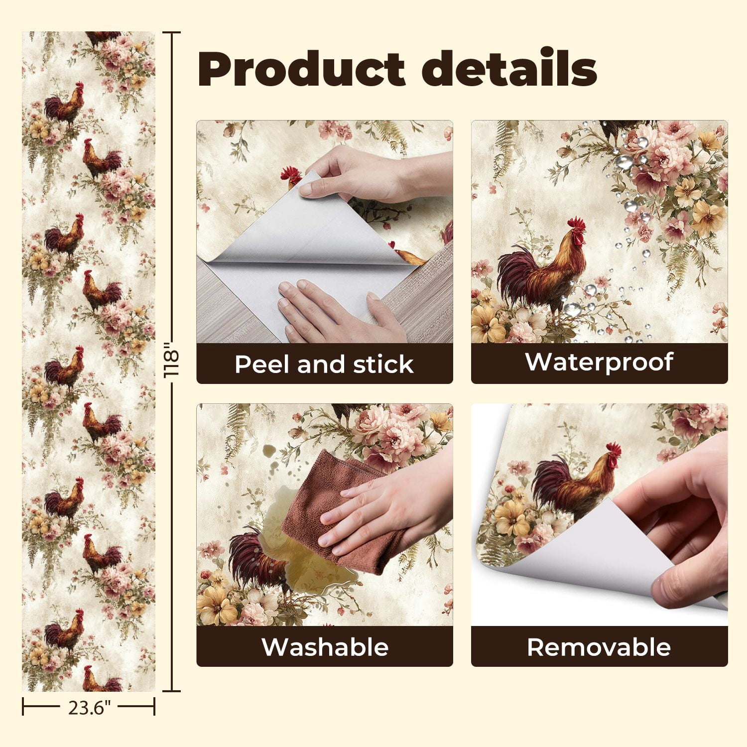 Peel and Stick Wallpaper 23.6in x 9.8ft Rustic Country Inspired Roosters Flowers Vines Farmhouse Contact Paper Vinyl Waterproof Self Adhesive Wall Paper for Bedroom Shelf Cabinet Renter Friendly