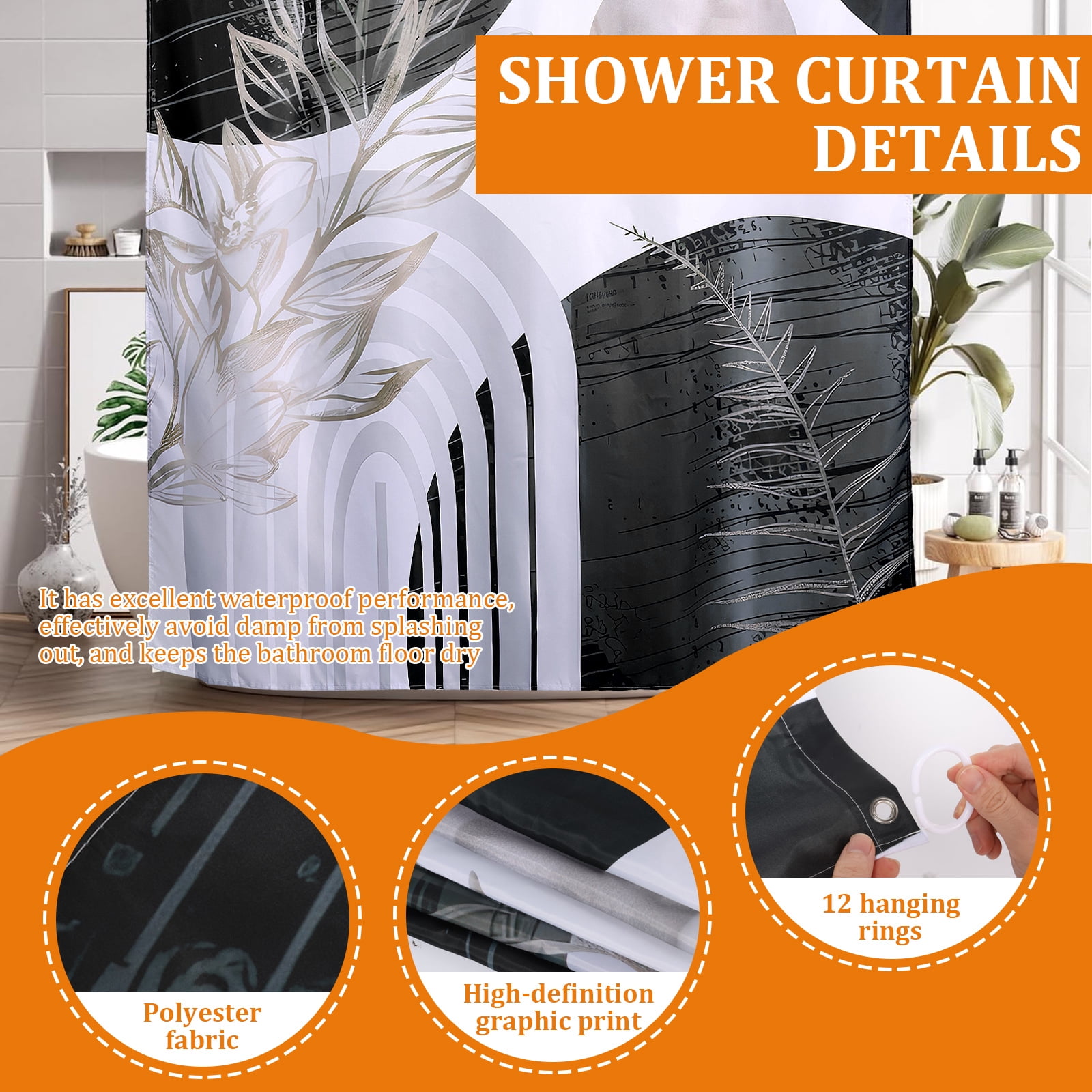 Dznils Boho Fabric Shower Curtain and Rug Sets, 16pc Modern Abstract Bathroom Sets, Black, 72" x 72"