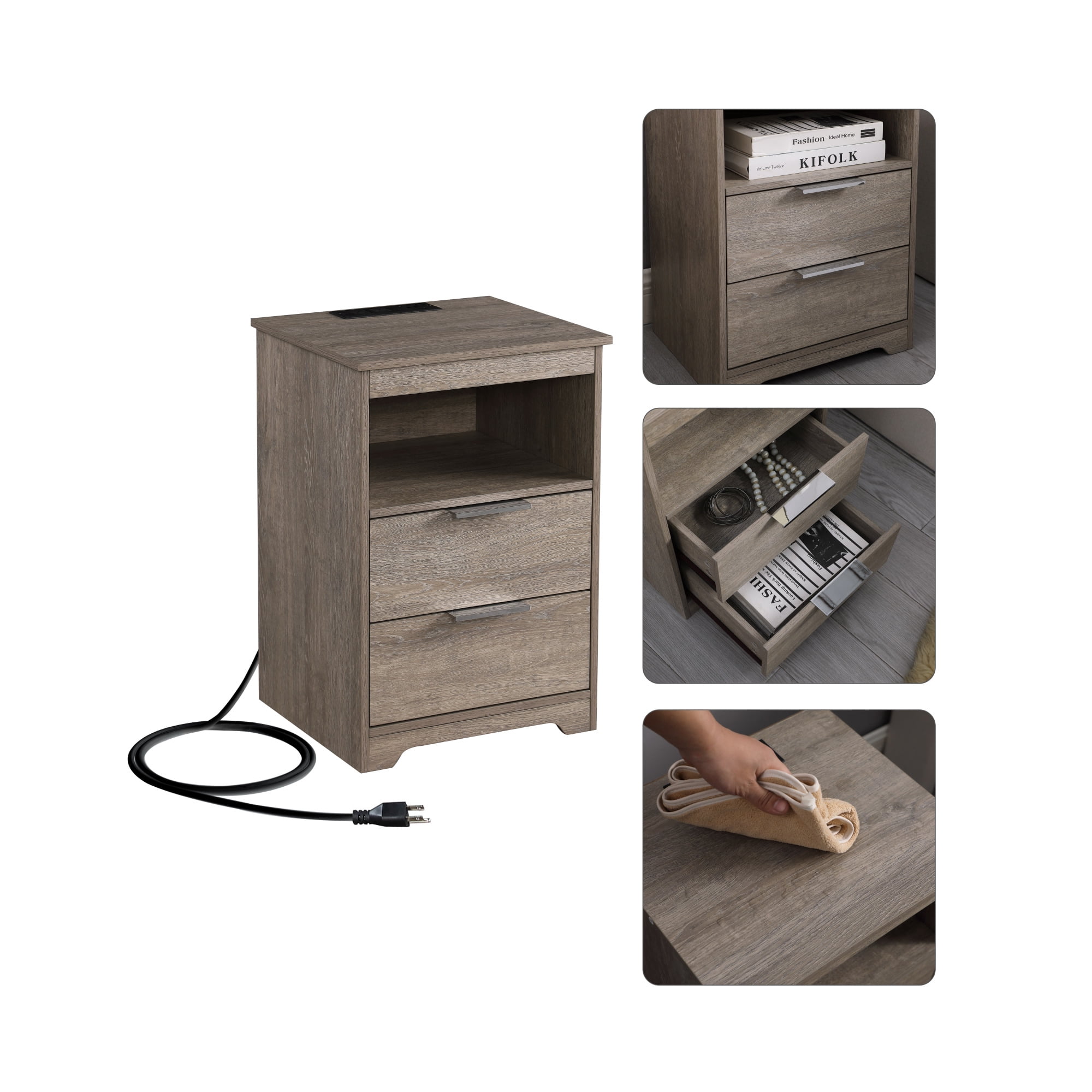 2 Drawer Small Nightstand with Charging Station,Wooden End Table with Drawer and Opening Shelf,Side Table for Bedroom Living Room Dorm Office,Gray