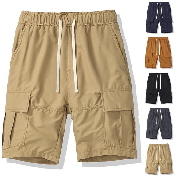 Bixock Hiking Cargo Shorts for Men Solid Color Pocket Zipper Button Elastic Waist 5 Inch Wide Leg Pants Casual Shorts