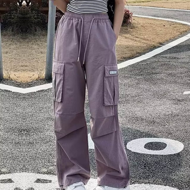 YUNAFFT Girls 5-15Y Casual Cargo Pants with Adjustable Drawstring & Multiple Pockets Loose Fit Nylon Spandex Joggers
