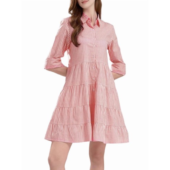 Womens Striped Button Down Midi Shirt Dress Casual Loose Cuffed Long Sleeve Mid Long Dresses Red XL