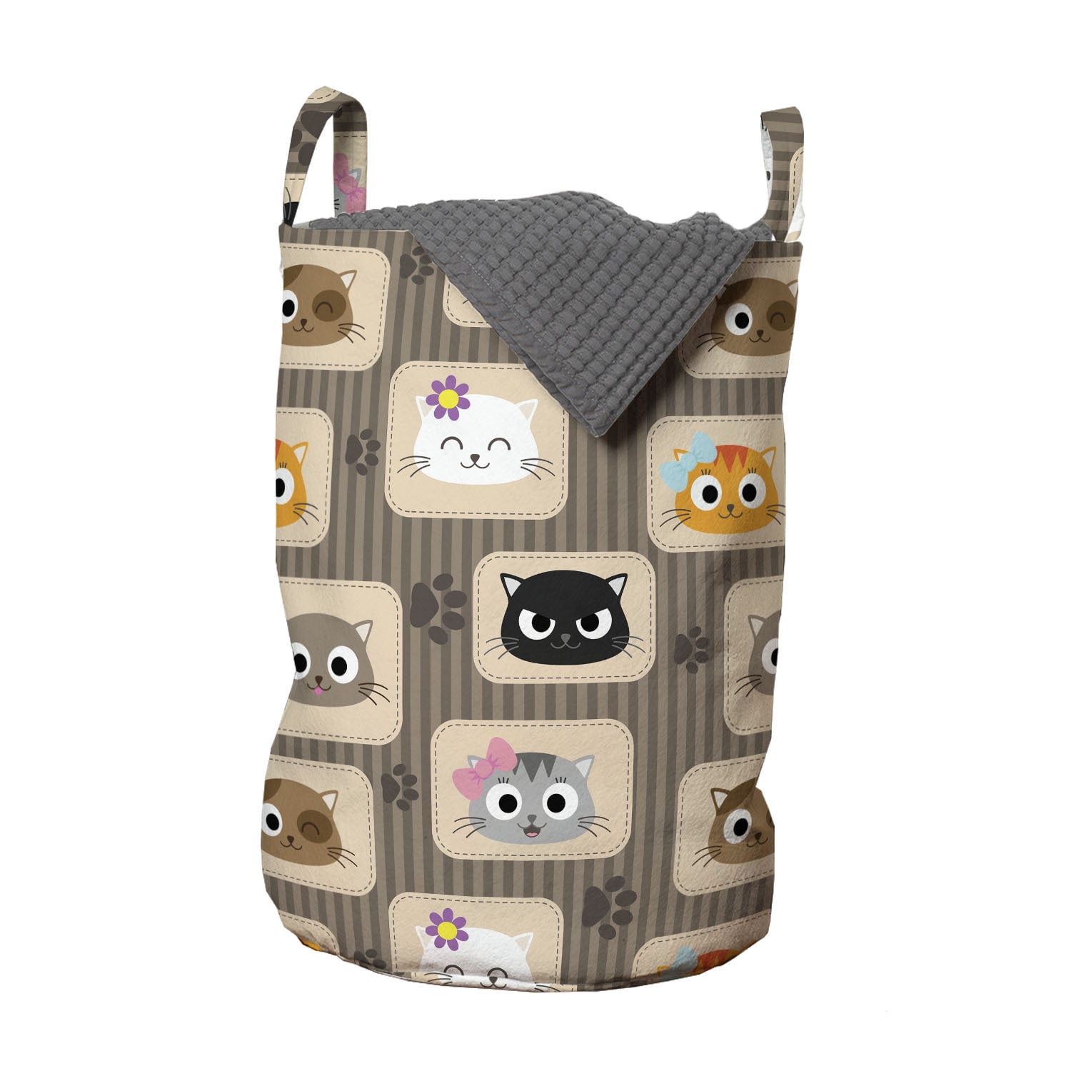Cat Laundry Bag, Patchwork Inspired Pattern Kitty Faces Silly