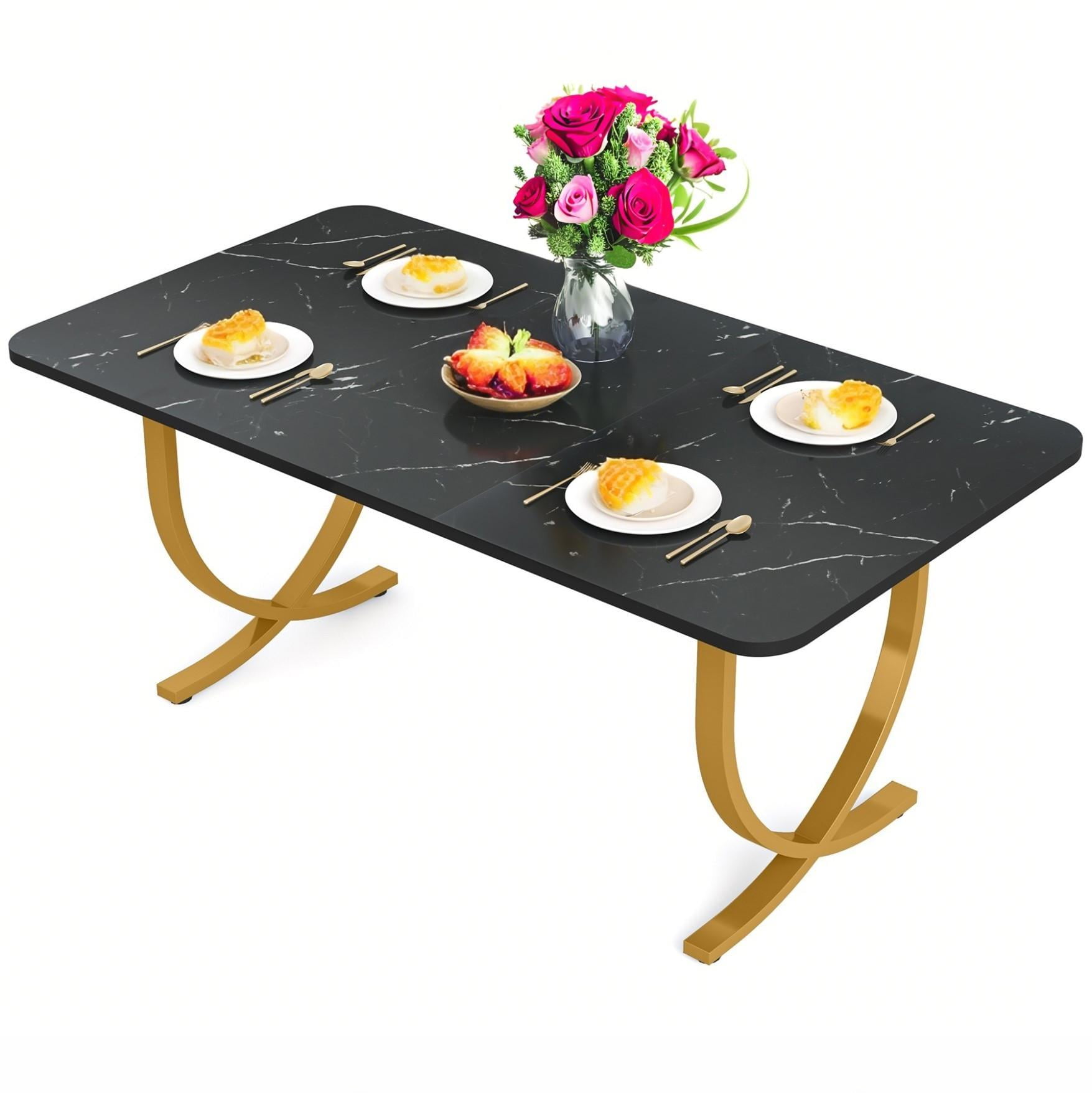 Fnova 63" Modern Long Dining Table for 6 people, Rectangular Faux Marble Kitchen Table with Metal Legsfor Dining Room, Black Gold