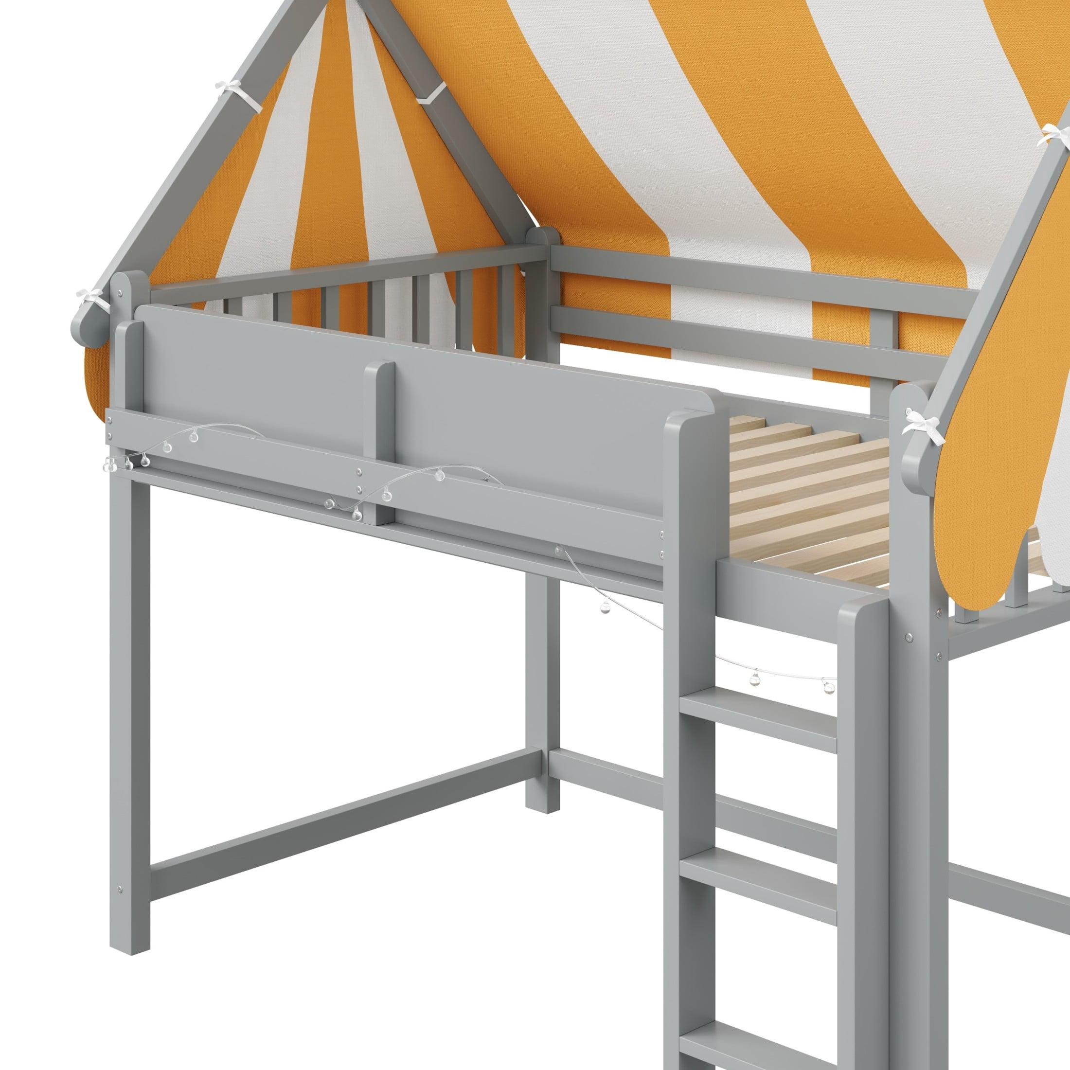 Noble House Sidney Twin Size Loft Bed with Canopy and LED Lights, Wood Loft Bed with Bookshelf, Playful Design, Gray