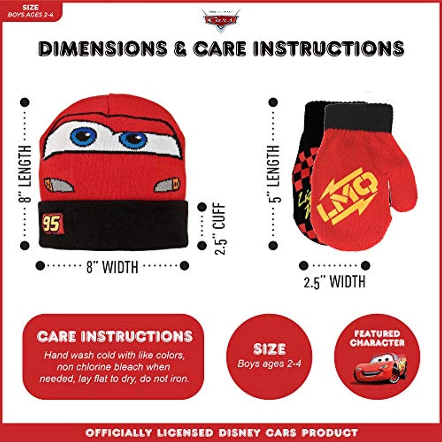 Disney Toddler Winter, Kids Gloves or Toddlers Mittens, Lightning McQueen Reversible Hat for Boy Ages 2-4 - image 2 of 3