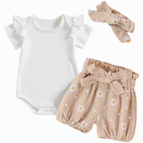 Linfrsh Kids Summer Clothes Baby Girl Clothes Toddler Girl Summer Outfits Shirts Tops Camo Shorts Set Little Girl Clothes(Khaki,12-18 Months)