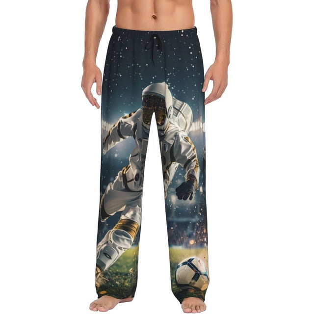Kdxio Astronaut Soccer Field Pattern Men's Pajama Pants, Elastic Waist with Drawstring and Pockets, Comfortable Loungewear-Large