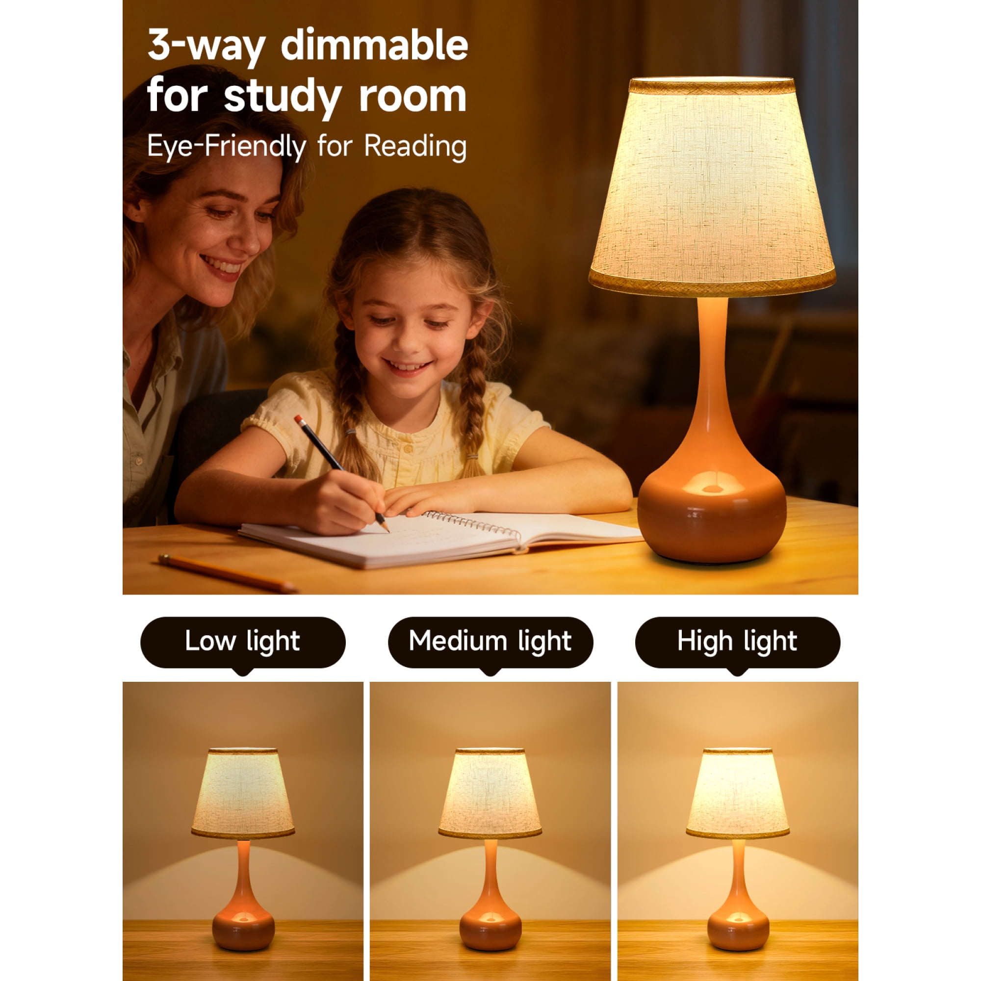 Leumius 3-Way Dimmable Set of 2 Small Bedside Lamps for Night Stands, Black LED Desk Lamps for Kids Room,Office,Living Room, End Table Pink